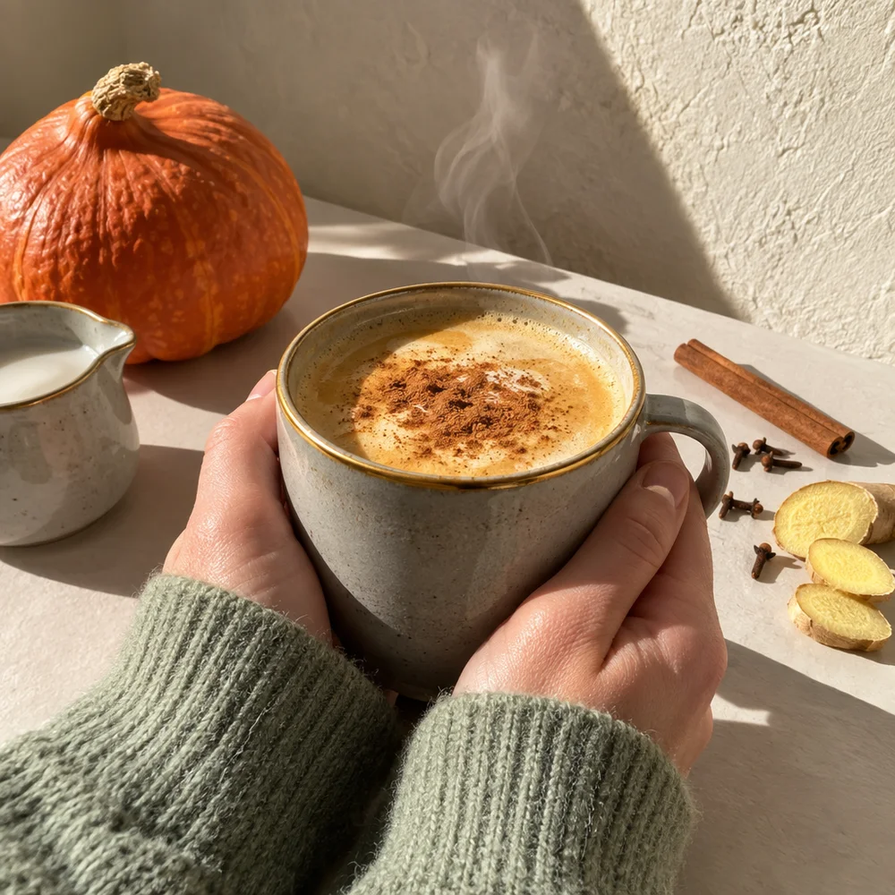 Spiced pumpkin latte with espresso and maple syrup