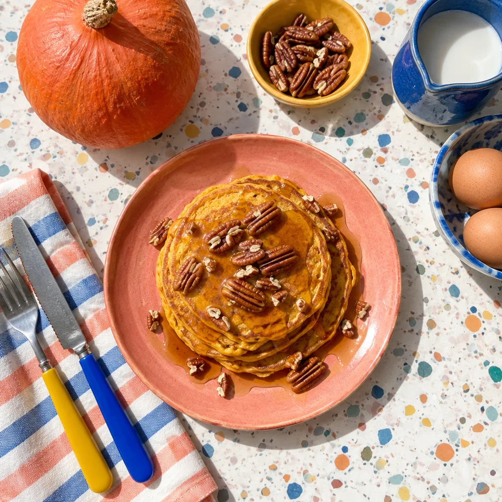 Pumpkin pancakes with maple syrup and pecans