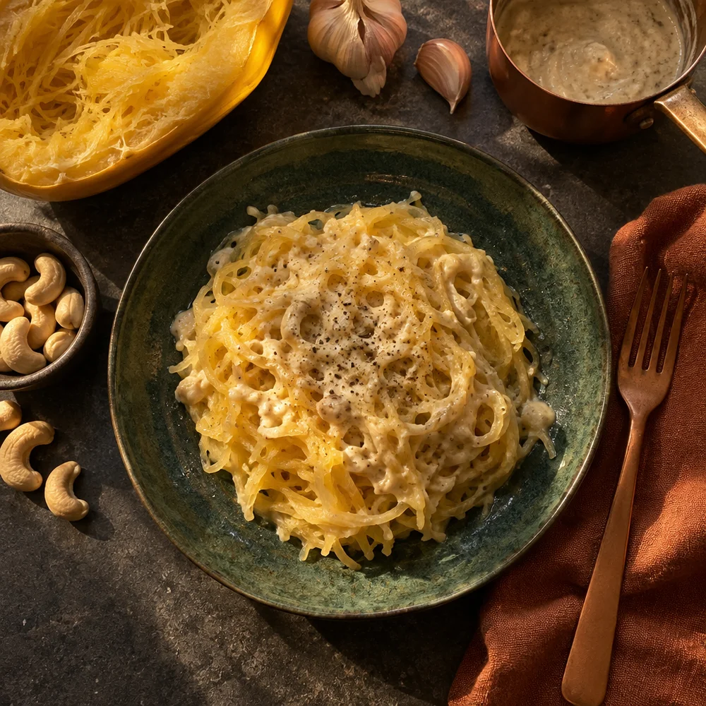 Squash spaghetti with vegan cashew carbonara