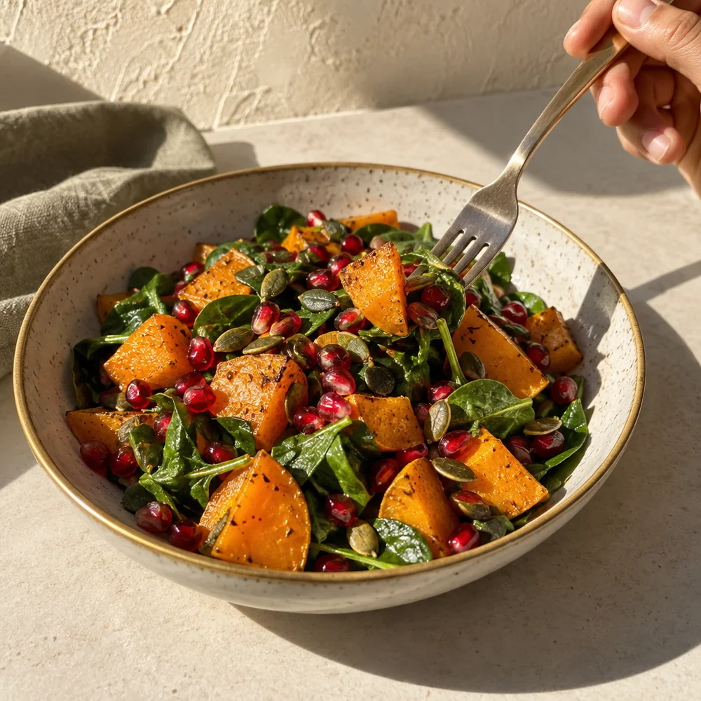 Roasted squash and spinach salad with pomegranate