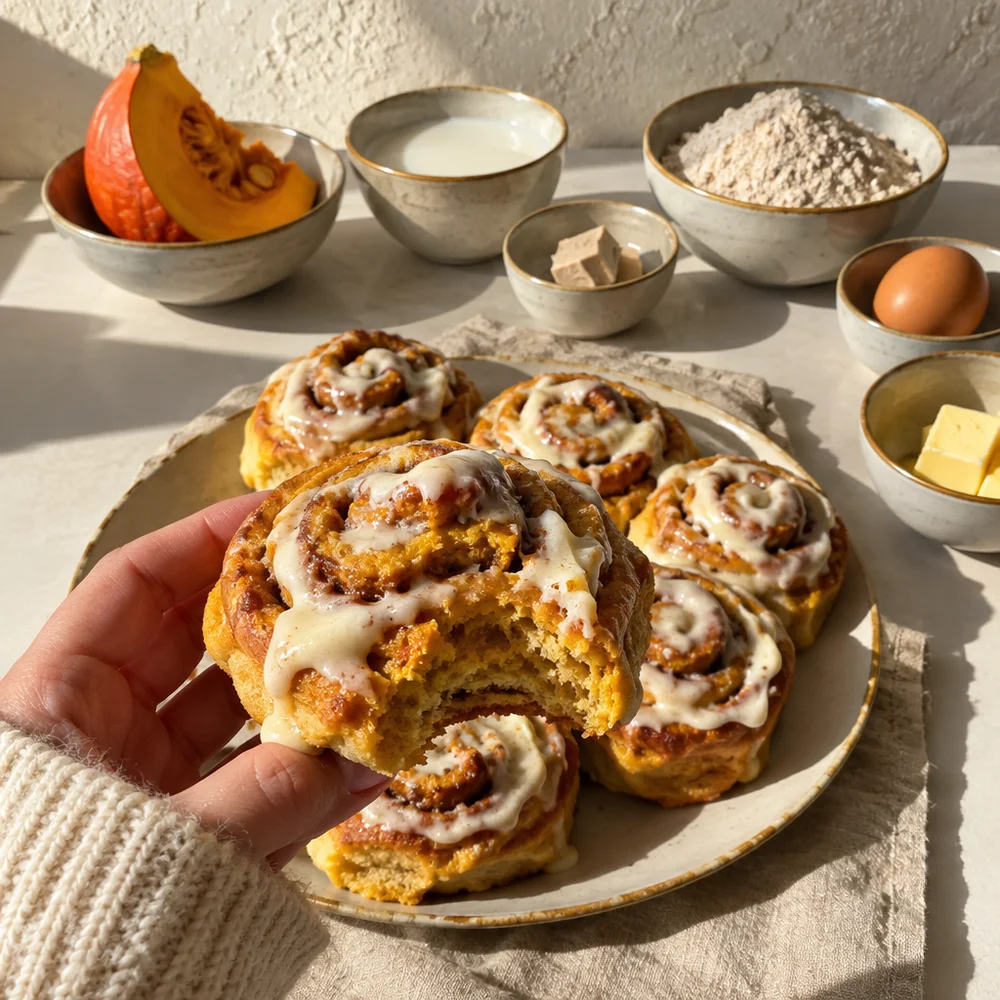Pumpkin cinnamon rolls with cream cheese and honey frosting