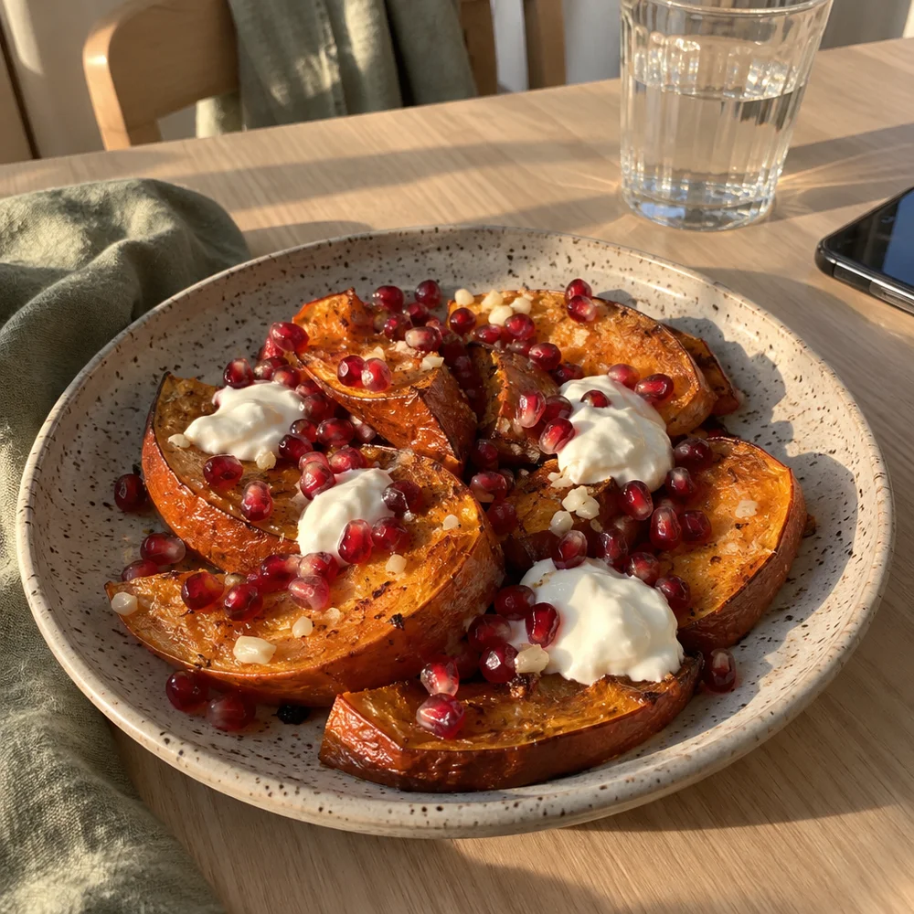 Roasted squash wedges with pomegranate and yoghurt