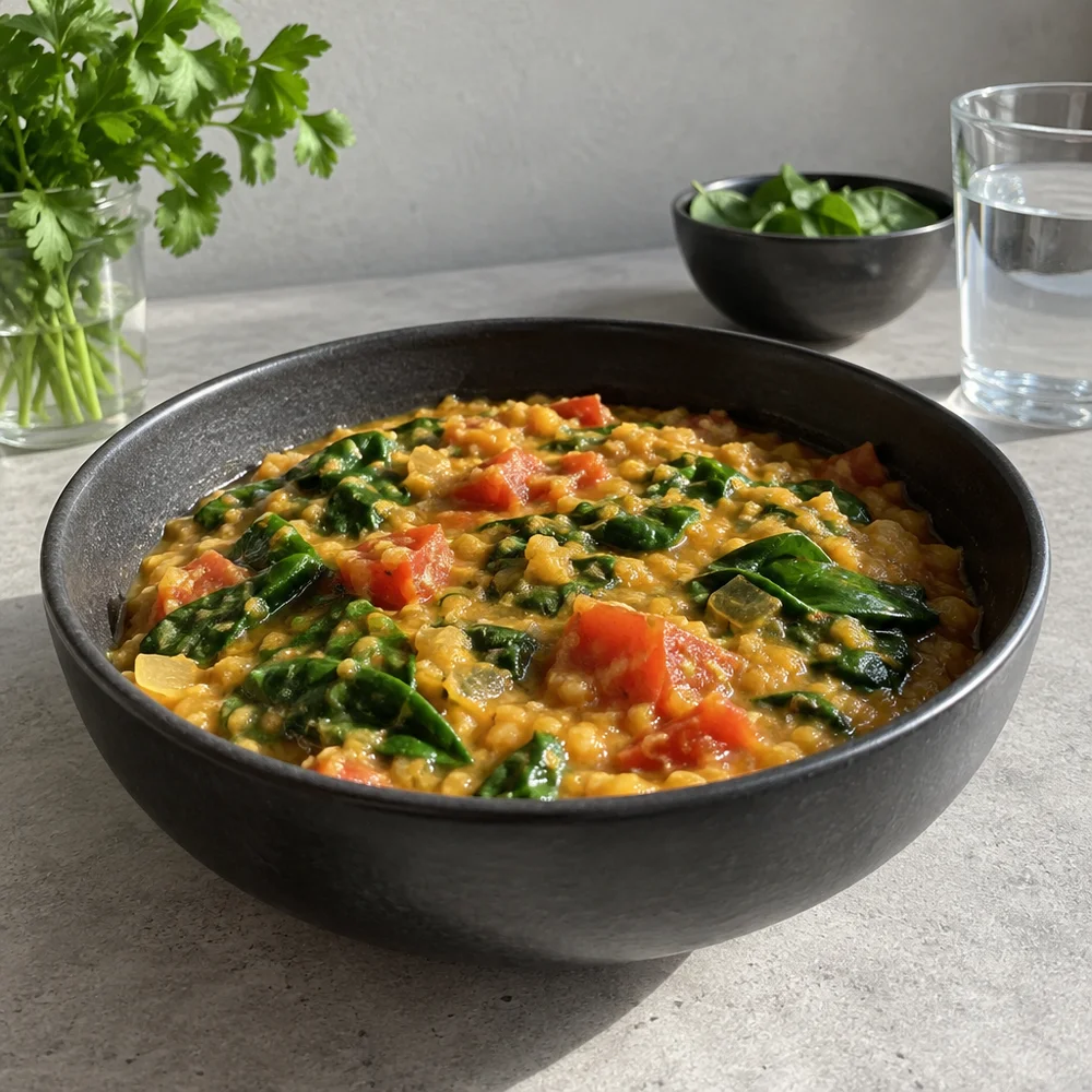 Vegan turmeric lentil stew with spinach