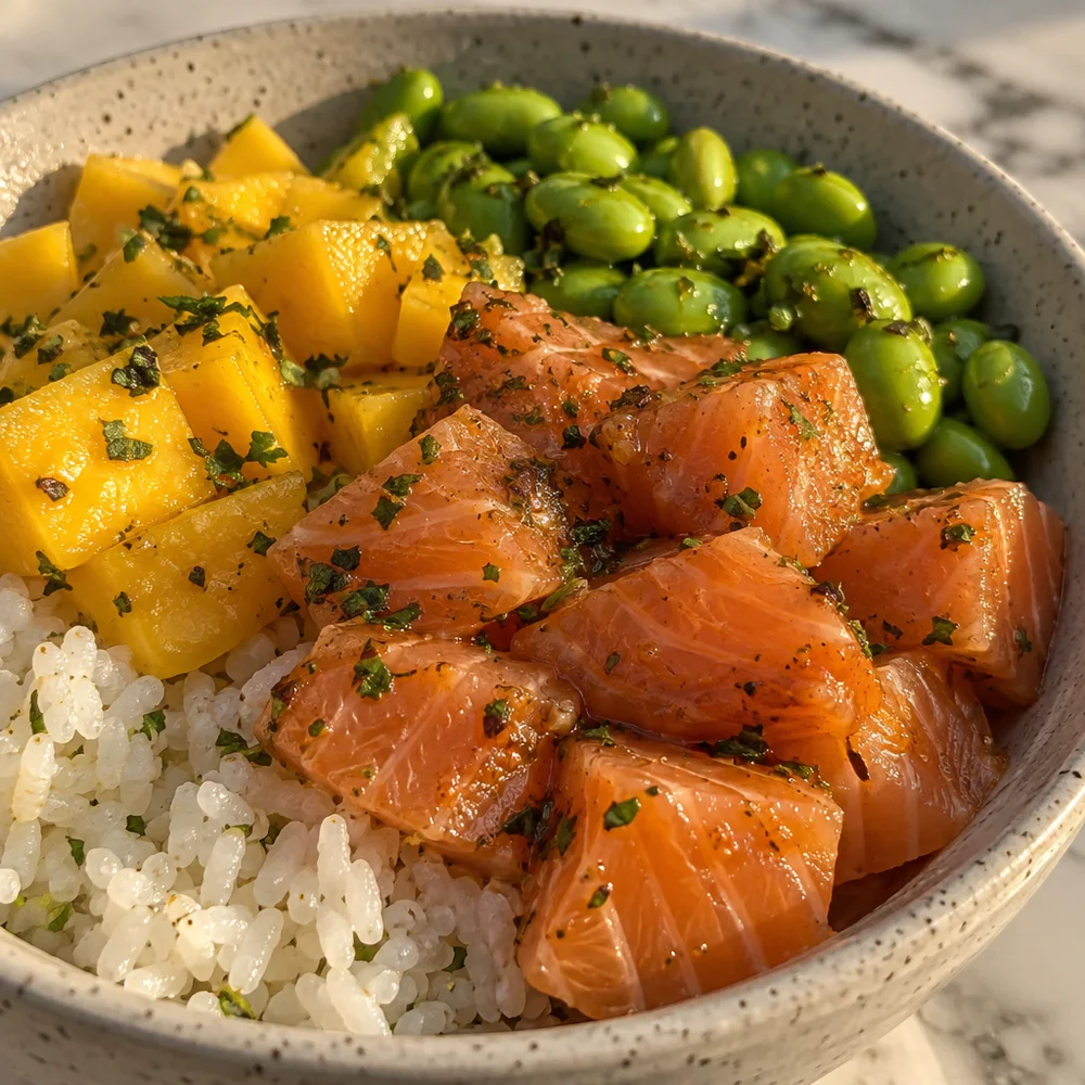 High-protein salmon bowl with mango, edamame and sushi rice