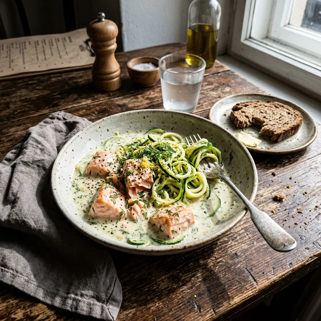 Salmon in dill cream sauce with courgette noodles