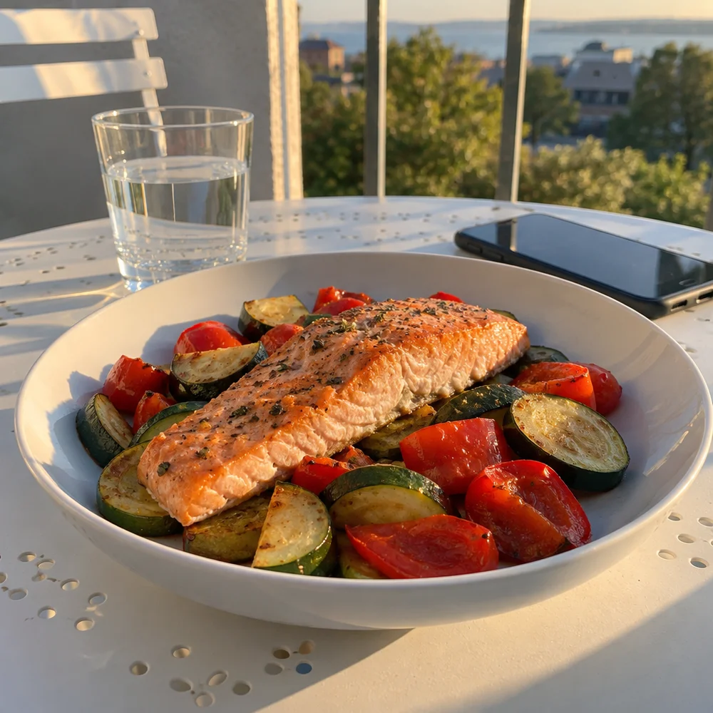 Oven-baked salmon fillet on a colourful veg bed