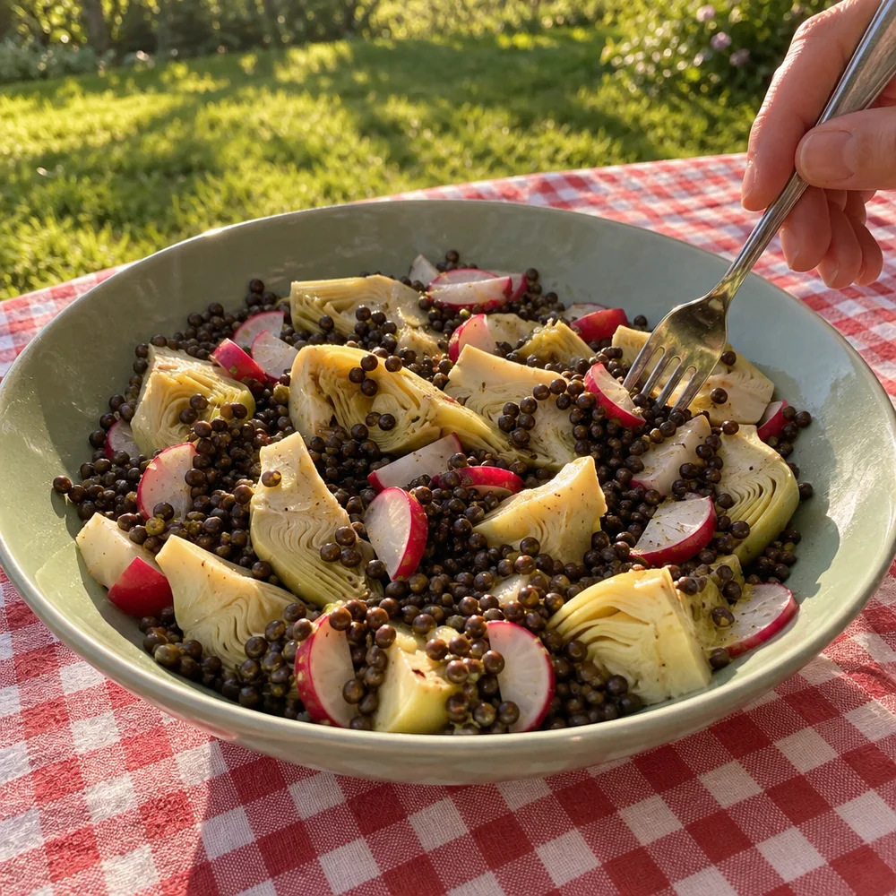 Vegan artichoke and lentil salad with radishes