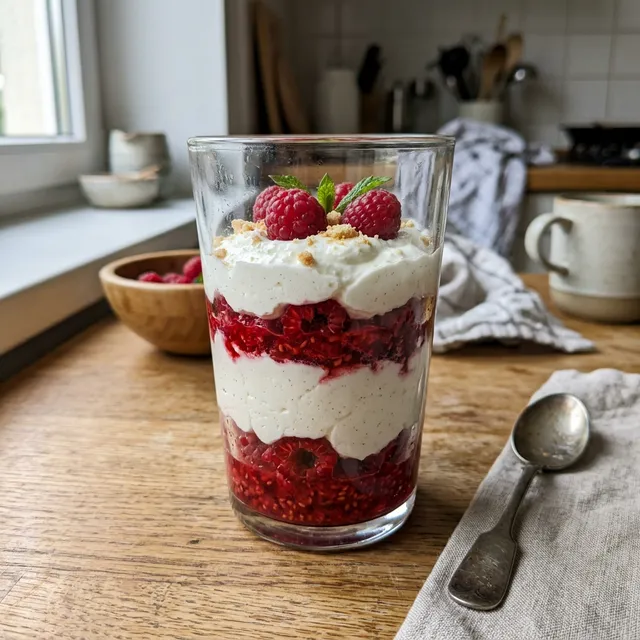 Gluten-free raspberry quark dessert in a glass