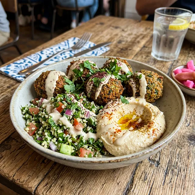Vegan Lebanese falafel bowl with hummus and tabbouleh