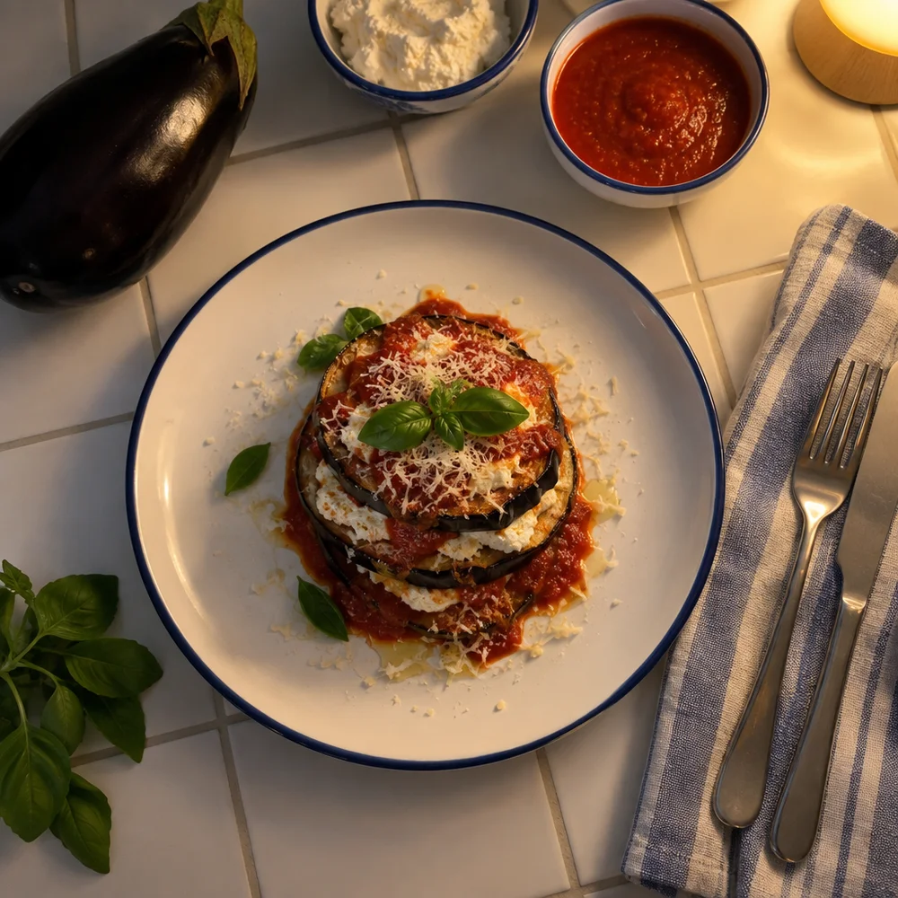 Low-carb air fryer aubergine stacks with ricotta