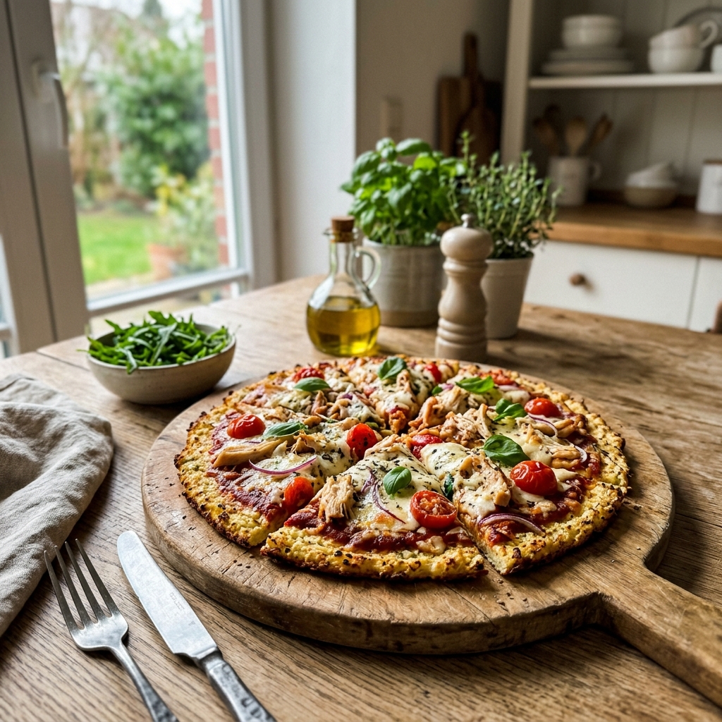 Low-carb cauliflower pizza with chicken