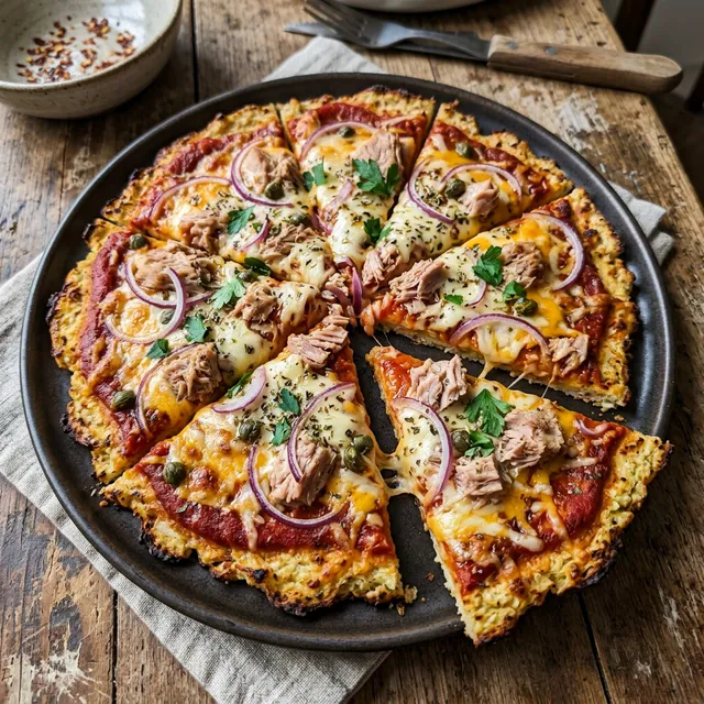 Low-carb cauliflower pizza with tuna