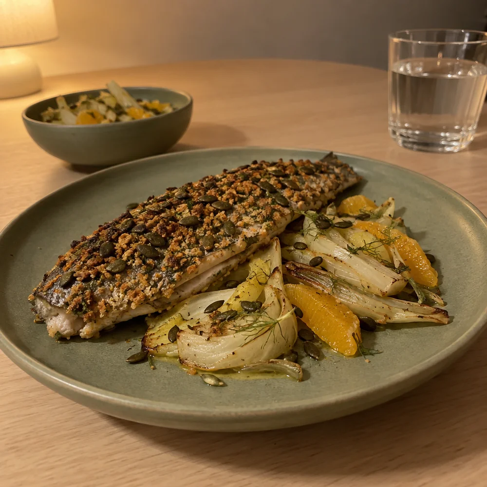 Low-carb air fryer trout with a pumpkin seed crust and fennel