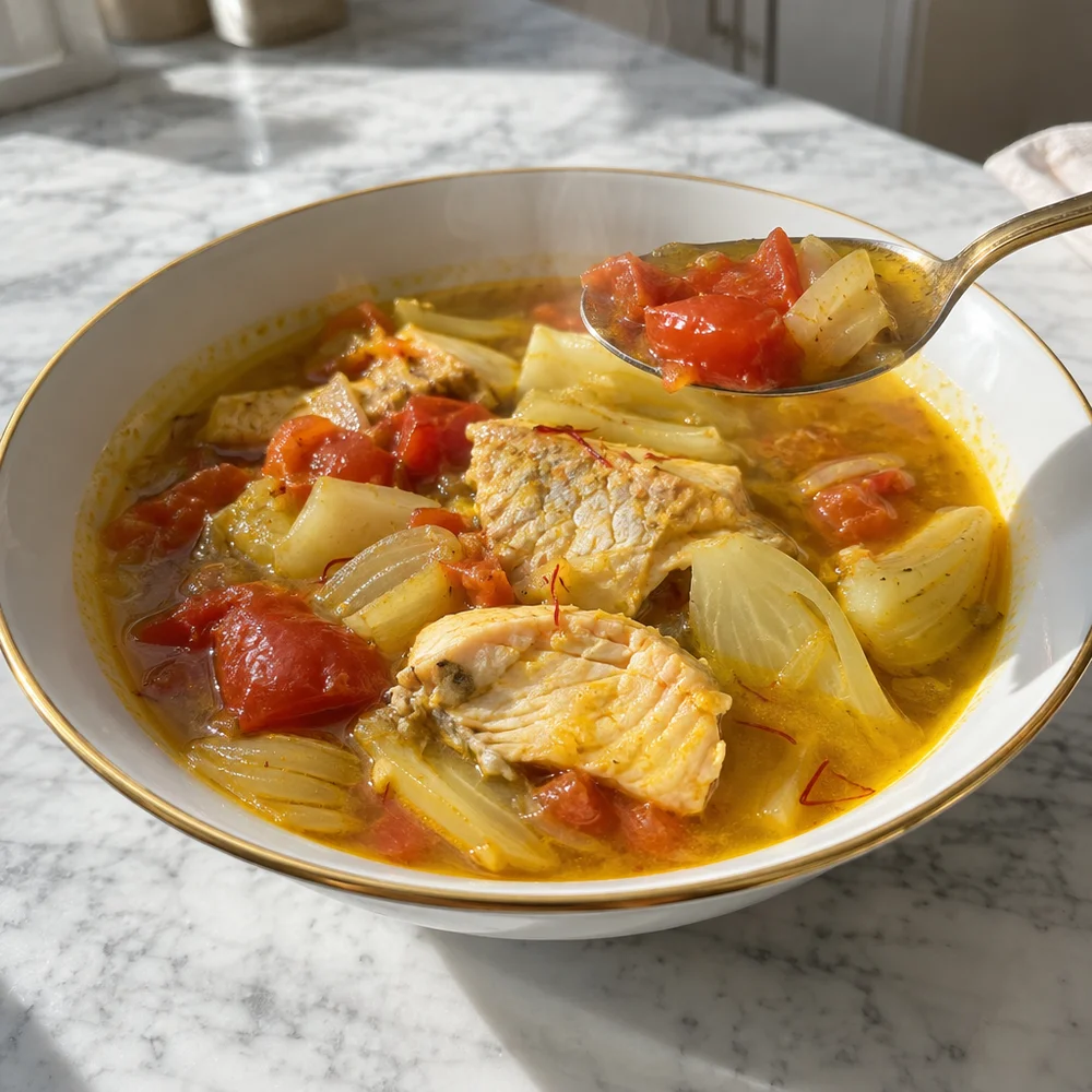 Low-carb trout stew with saffron