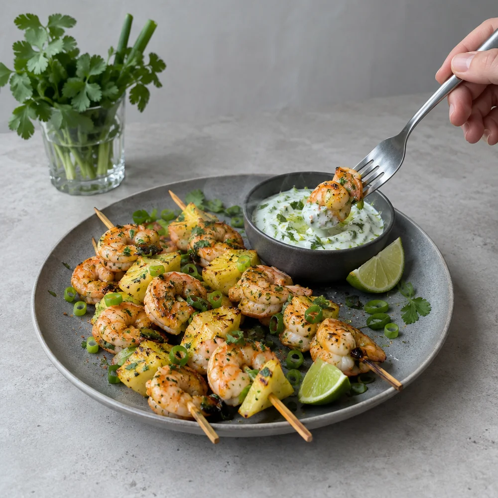 Low-carb air fryer prawn and pineapple skewers with lime dip
