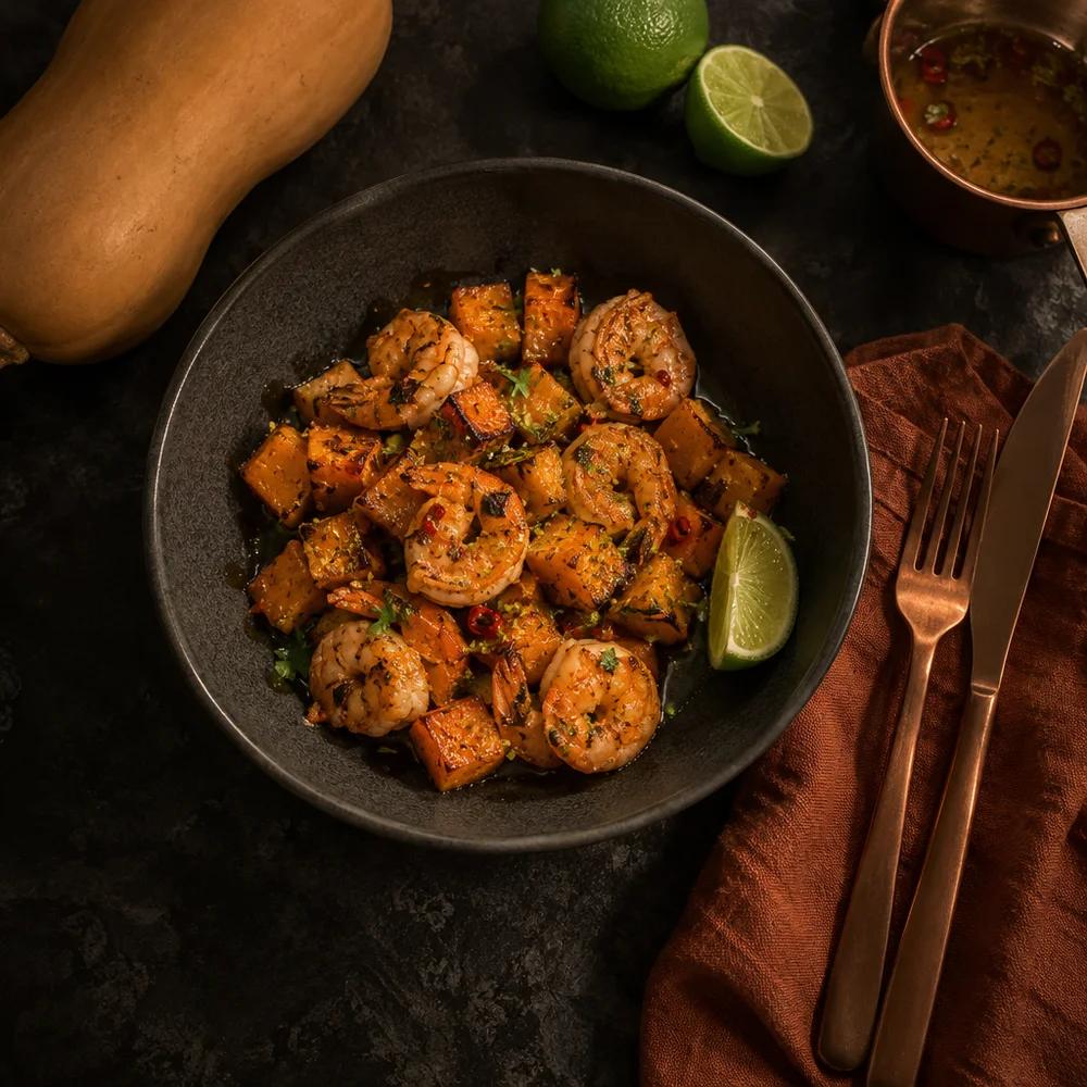 Air fryer prawns with butternut squash and chilli-lime
