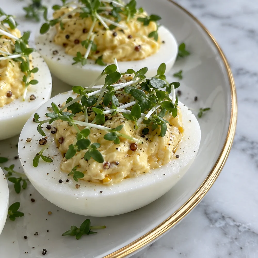 Low-carb stuffed eggs with mustard and cress