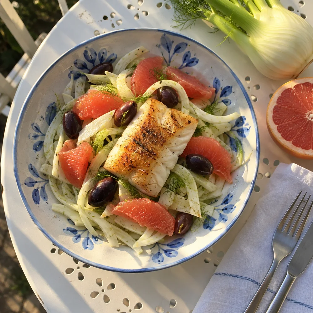 Low-carb grapefruit and fennel salad with pan-fried cod
