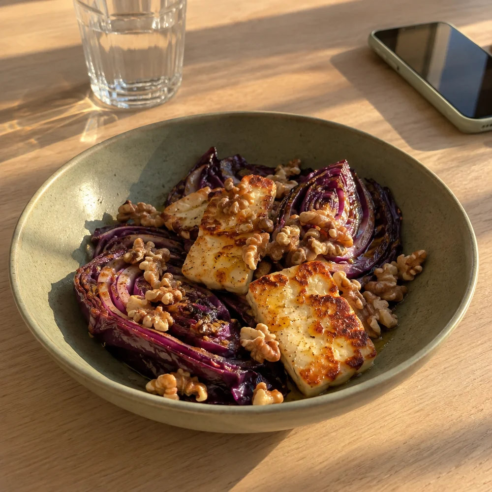 Low-carb air fryer halloumi with red cabbage wedges and walnuts