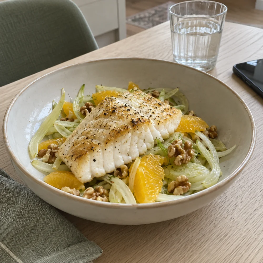 Low-carb halibut on fennel salad