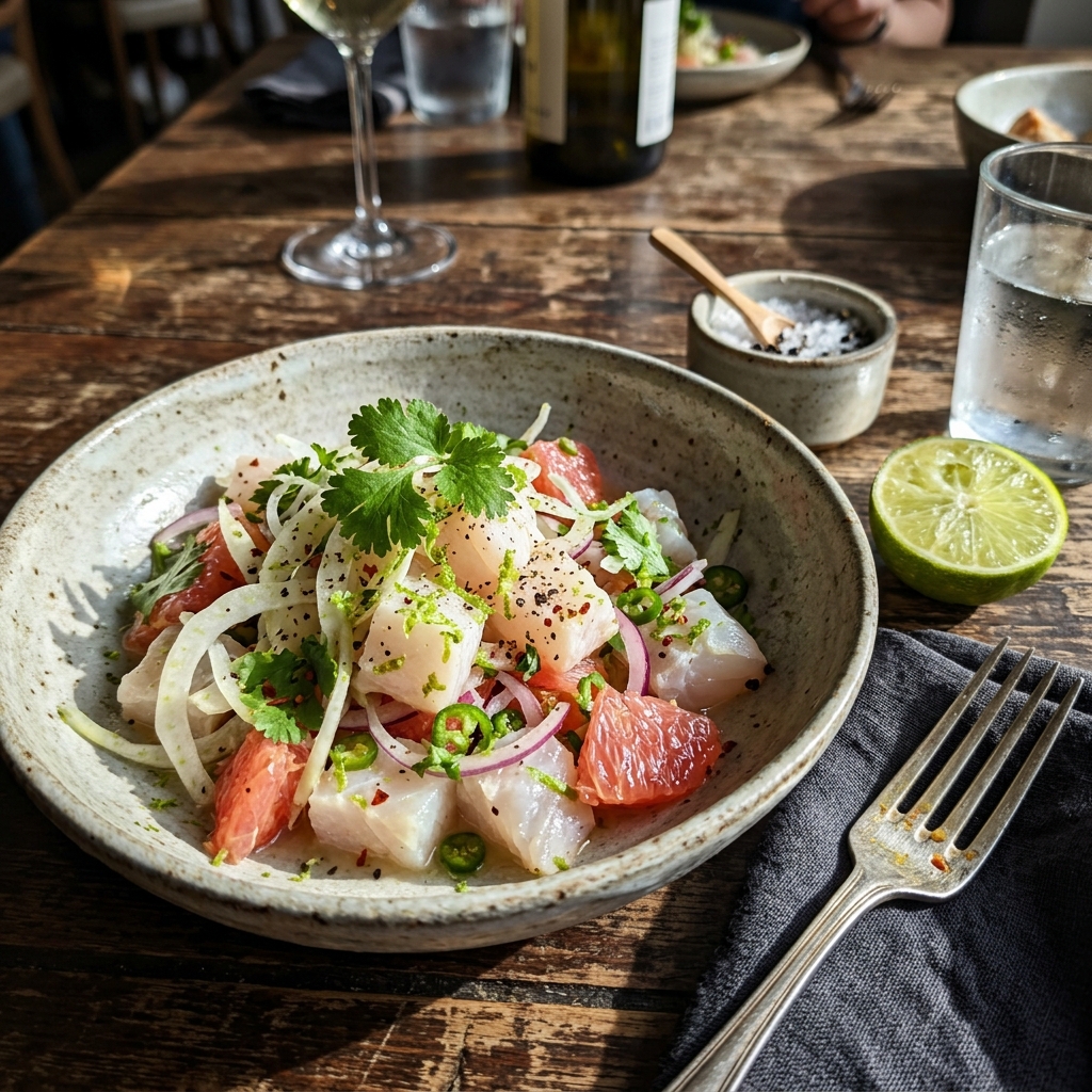 Low-carb halibut ceviche with grapefruit and fennel