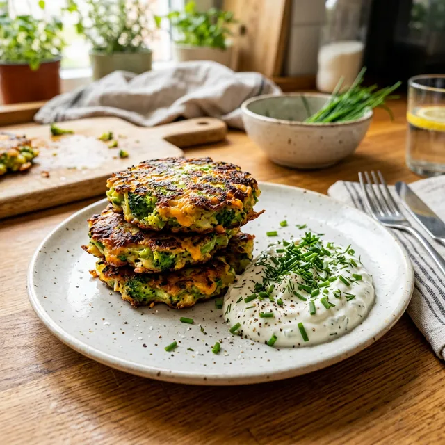 Low-carb broccoli and cheese fritters with herby quark