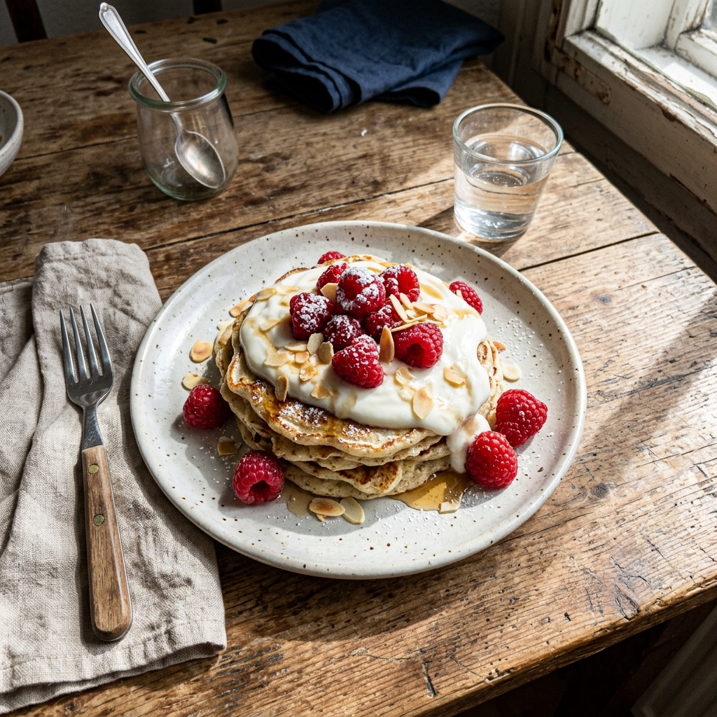 Raspberry pancakes with yoghurt