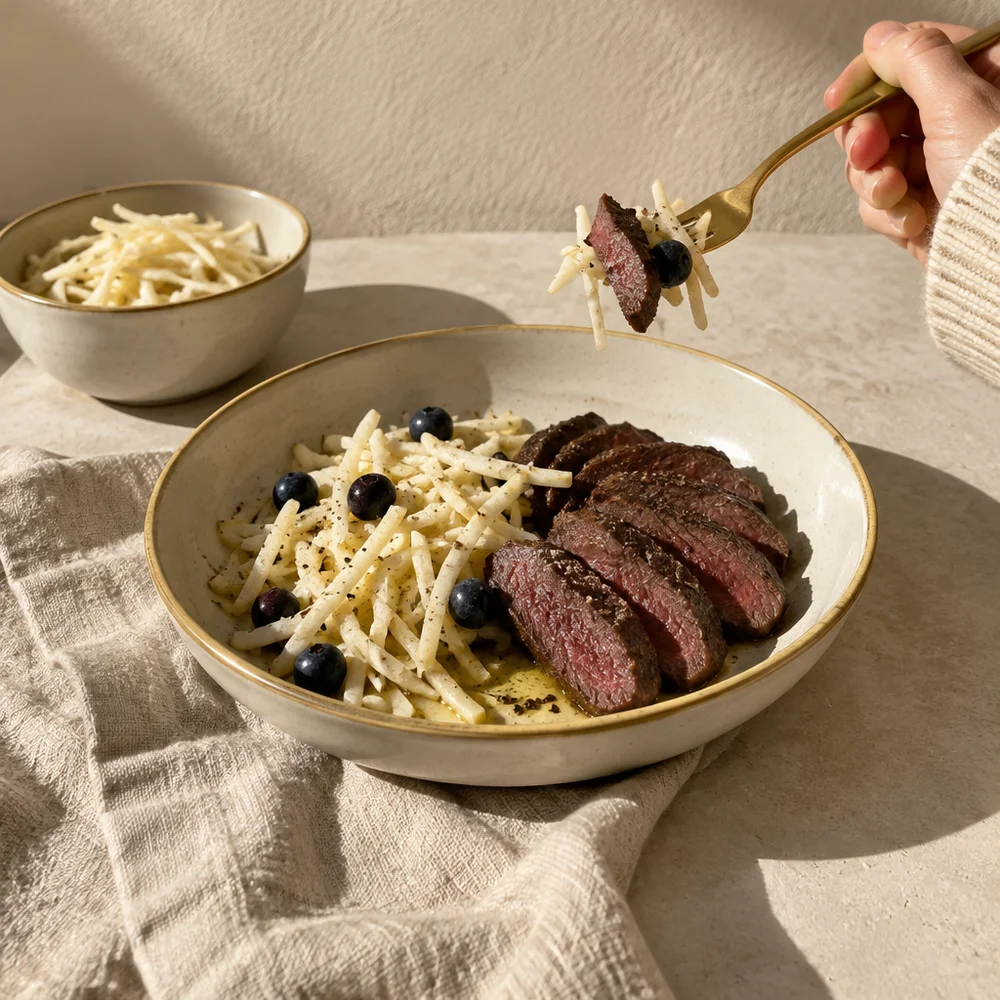 Low-carb venison steaks with celeriac salad