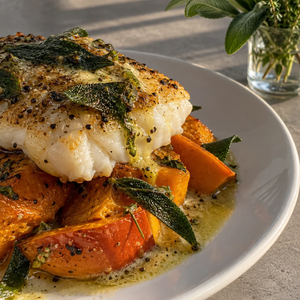 Low-carb cod on roast squash with sage butter