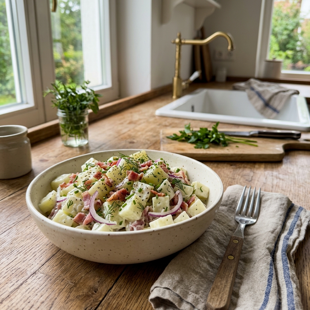 Low-carb kohlrabi salad, potato-salad style