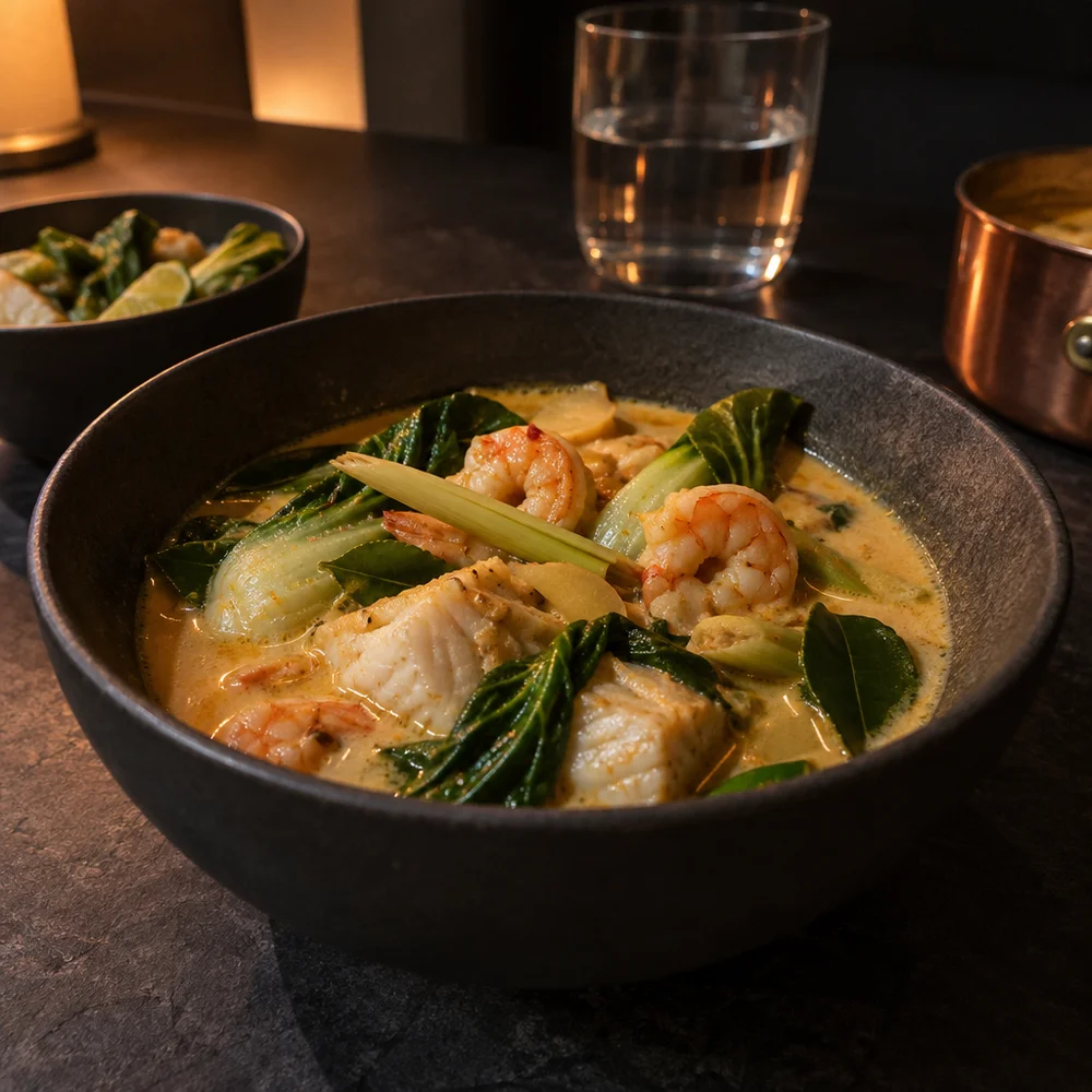 Low-carb coconut curry fondue with cod, prawns and pak choi
