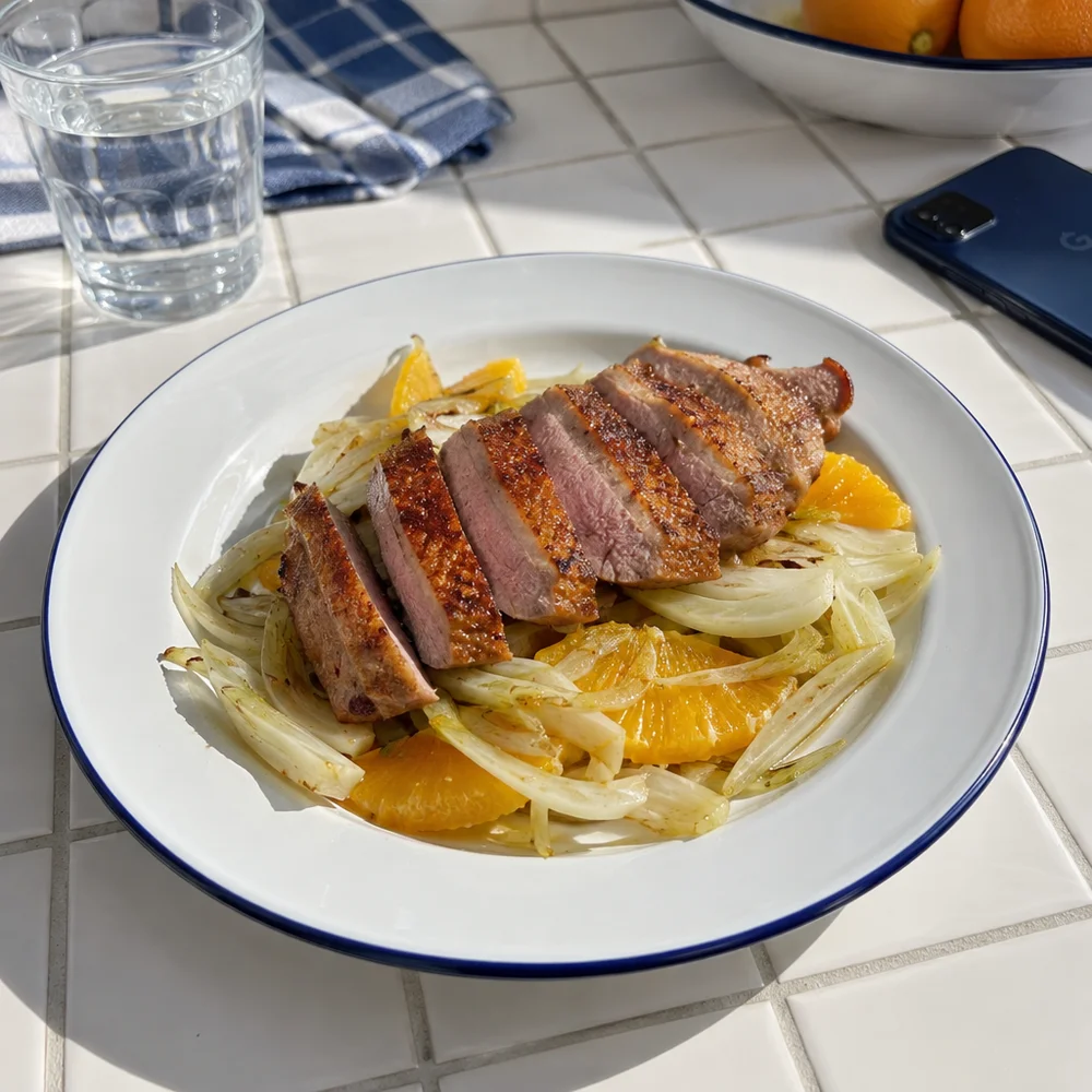 Low-carb crispy duck breast on orange and fennel