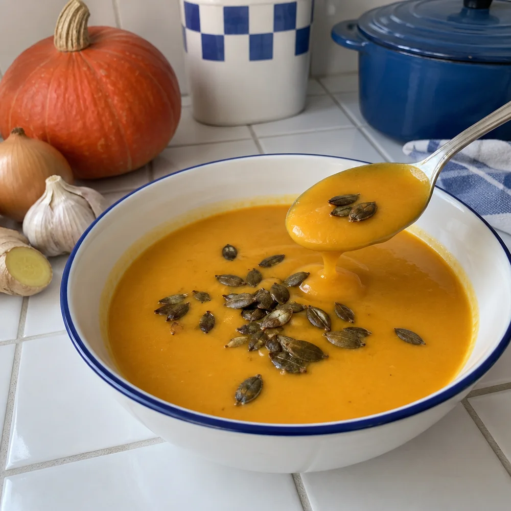 Pumpkin and ginger soup with toasted pumpkin seeds