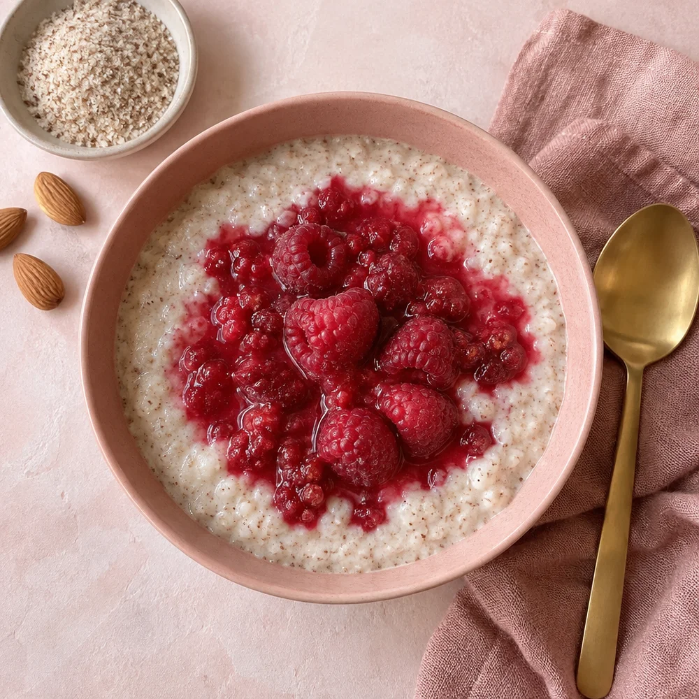 Low-carb almond porridge with warm raspberries