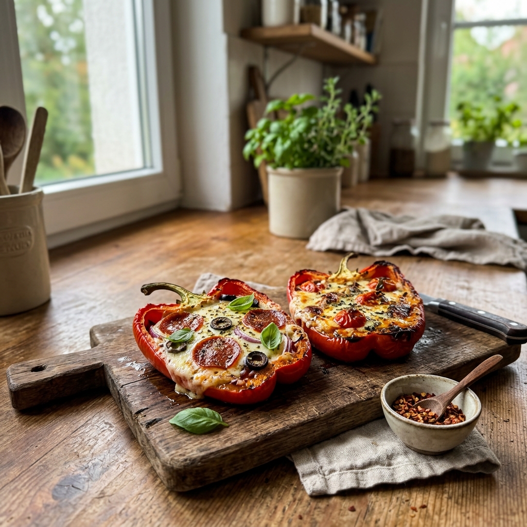 Low-carb pepper pizza halves