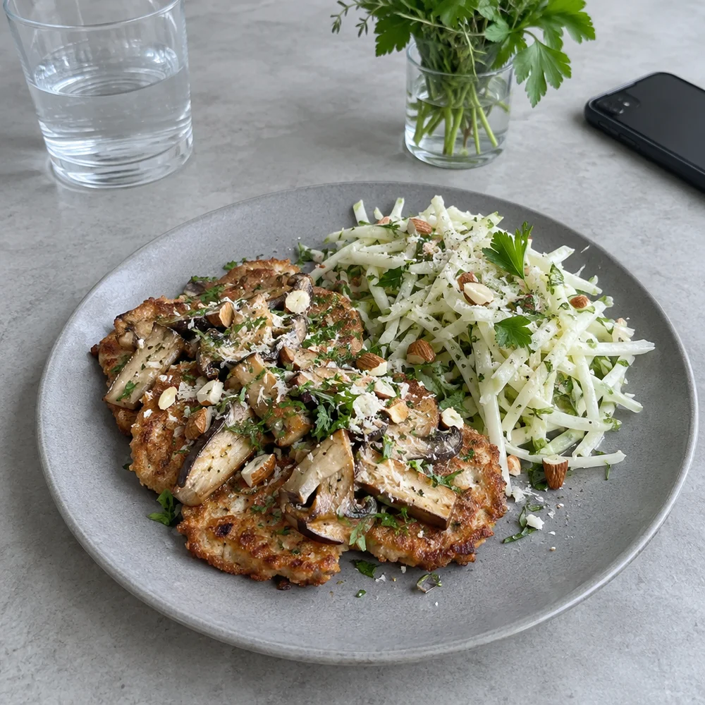 Low-carb king oyster mushroom schnitzel with raw kohlrabi salad