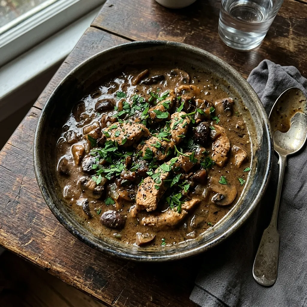 Low-carb sliced turkey in creamy mushroom sauce