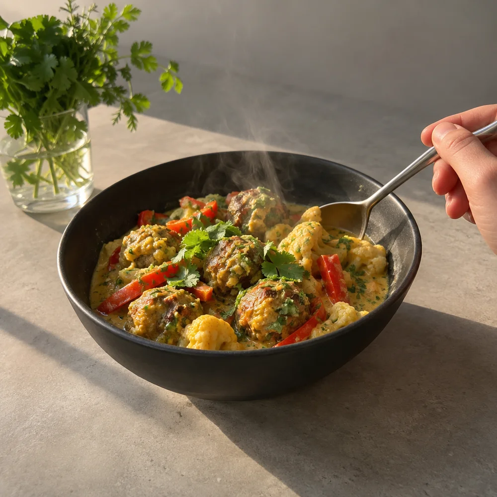 Low-carb turkey meatball curry with cauliflower and peppers