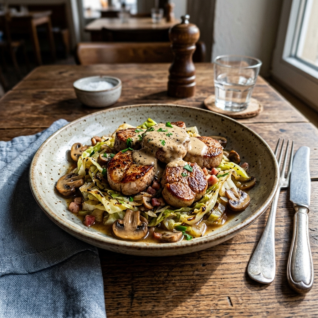 Low-carb turkey medallions on sweetheart cabbage