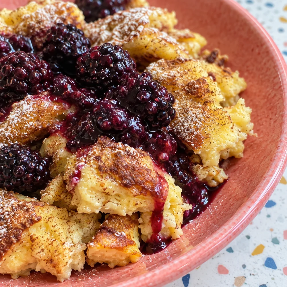 Low-carb quark Schmarrn with cinnamon and warm blackberries