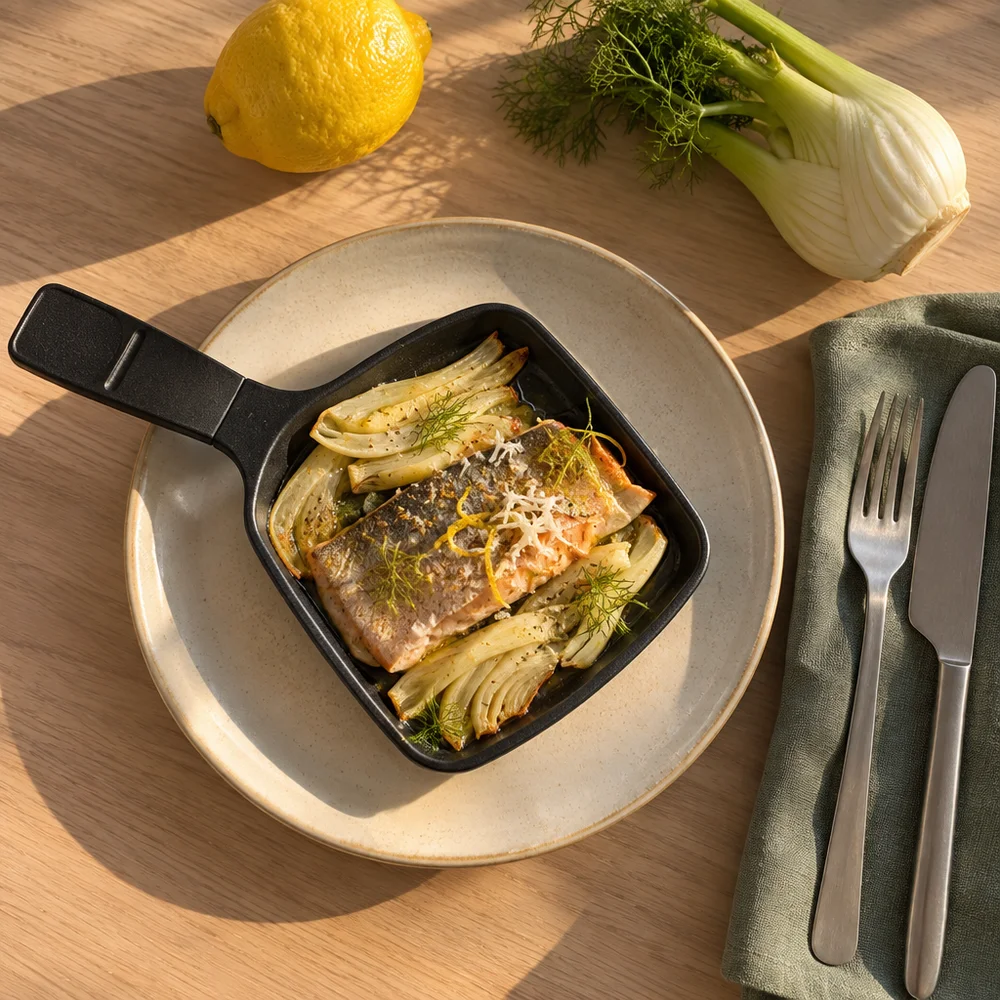 Low-carb raclette pans with trout, fennel and horseradish
