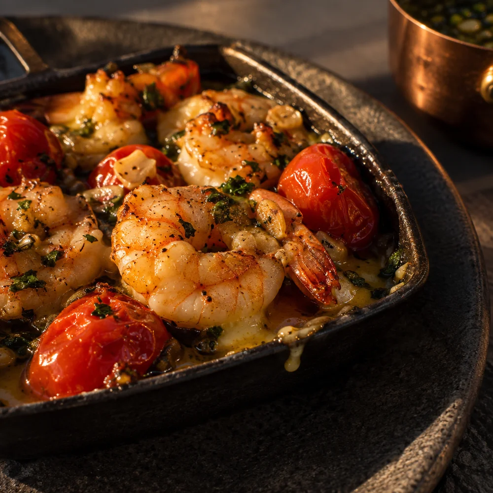 Low-carb raclette pans with prawns, cherry tomatoes and garlic