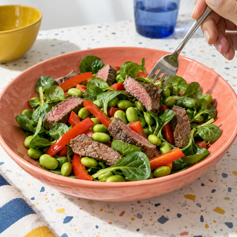 Low-carb beef and edamame salad