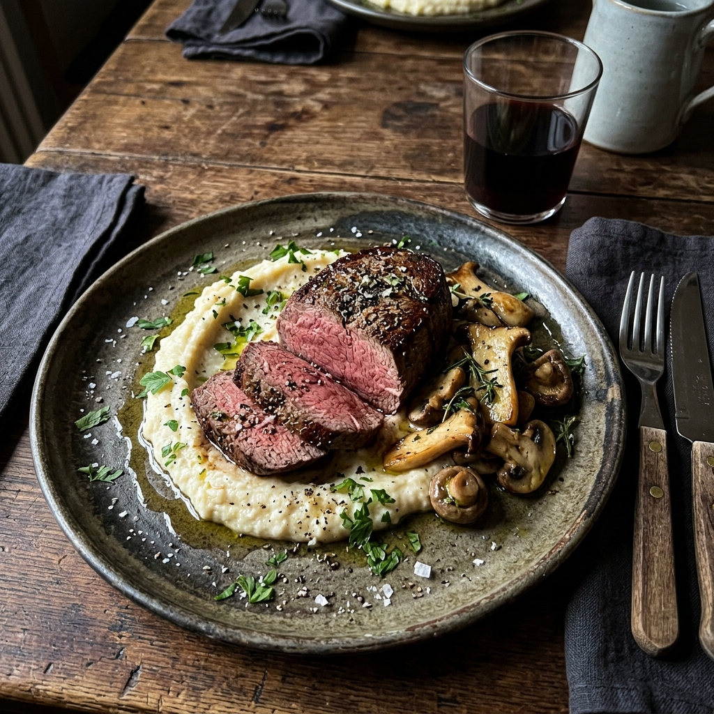 Low-carb beef fillet with celeriac purée and mushrooms
