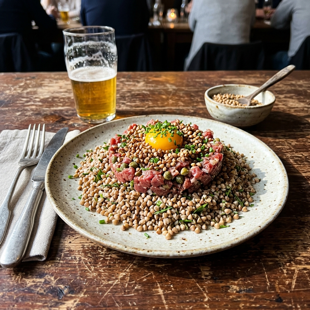 Low-carb beef tartare on buckwheat