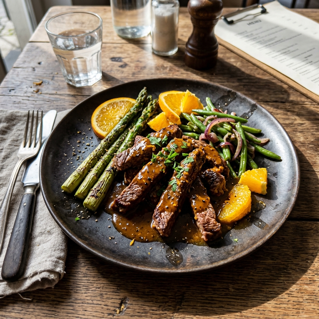 Beef strips in orange and pepper sauce