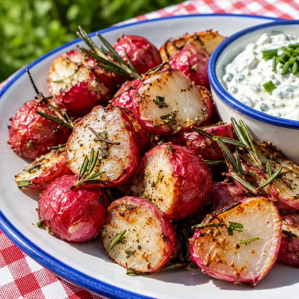 Low-carb air fryer rosemary radishes with herb quark