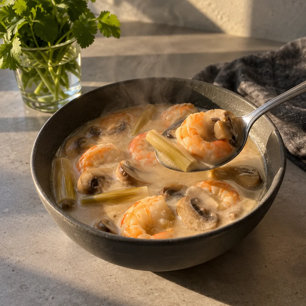 Low-carb Thai coconut milk soup with prawns and lemongrass