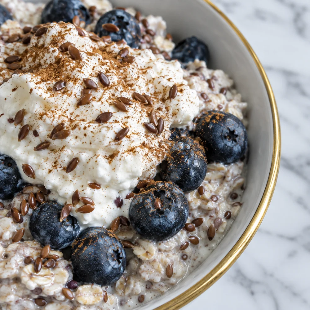 Low-carb cinnamon overnight muesli with quark, linseed and blueberries
