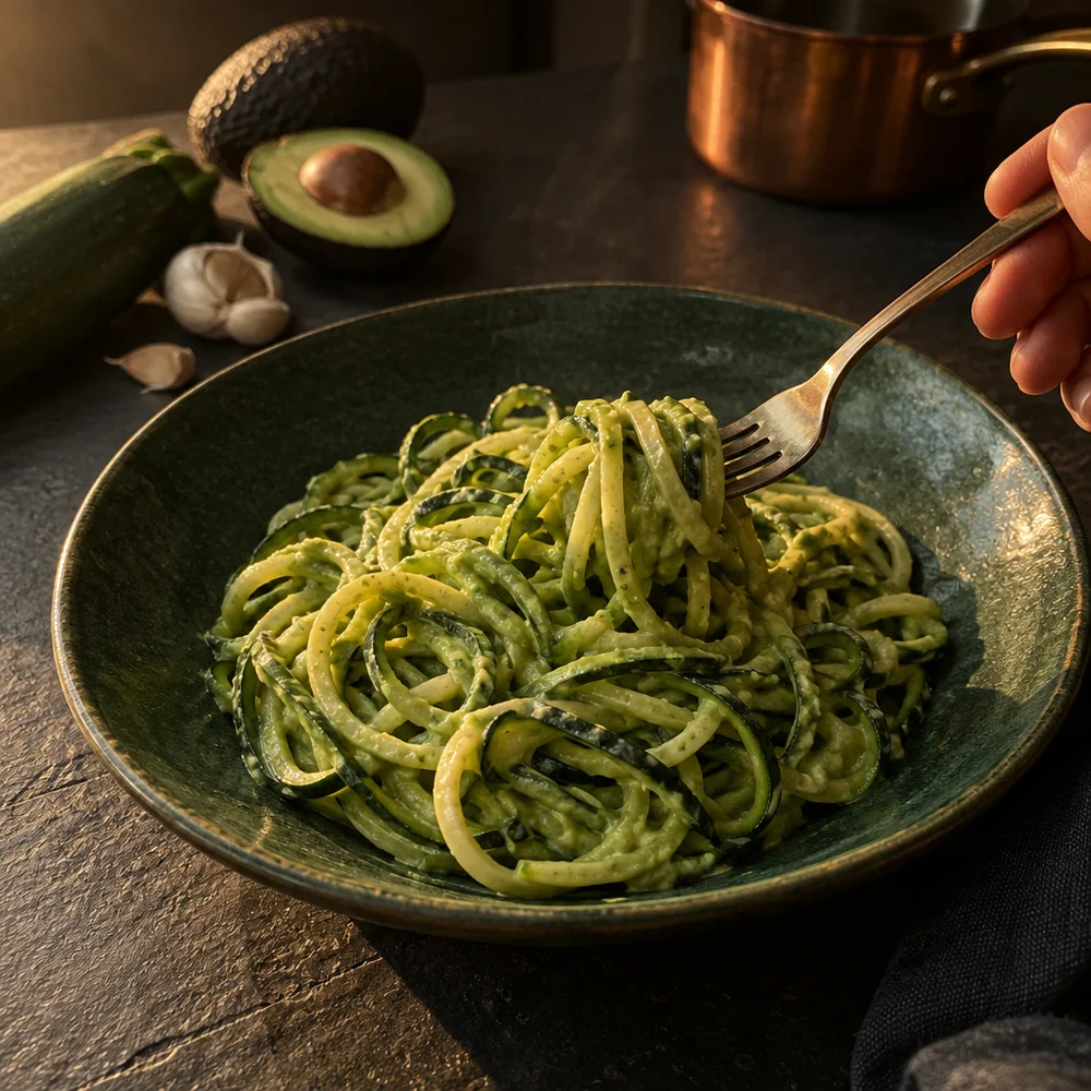 Low-carb courgette noodles with avocado pesto